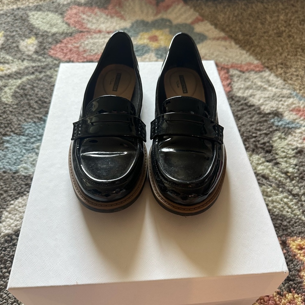 Clarks patent leather penny loafers. “Soft collection”.